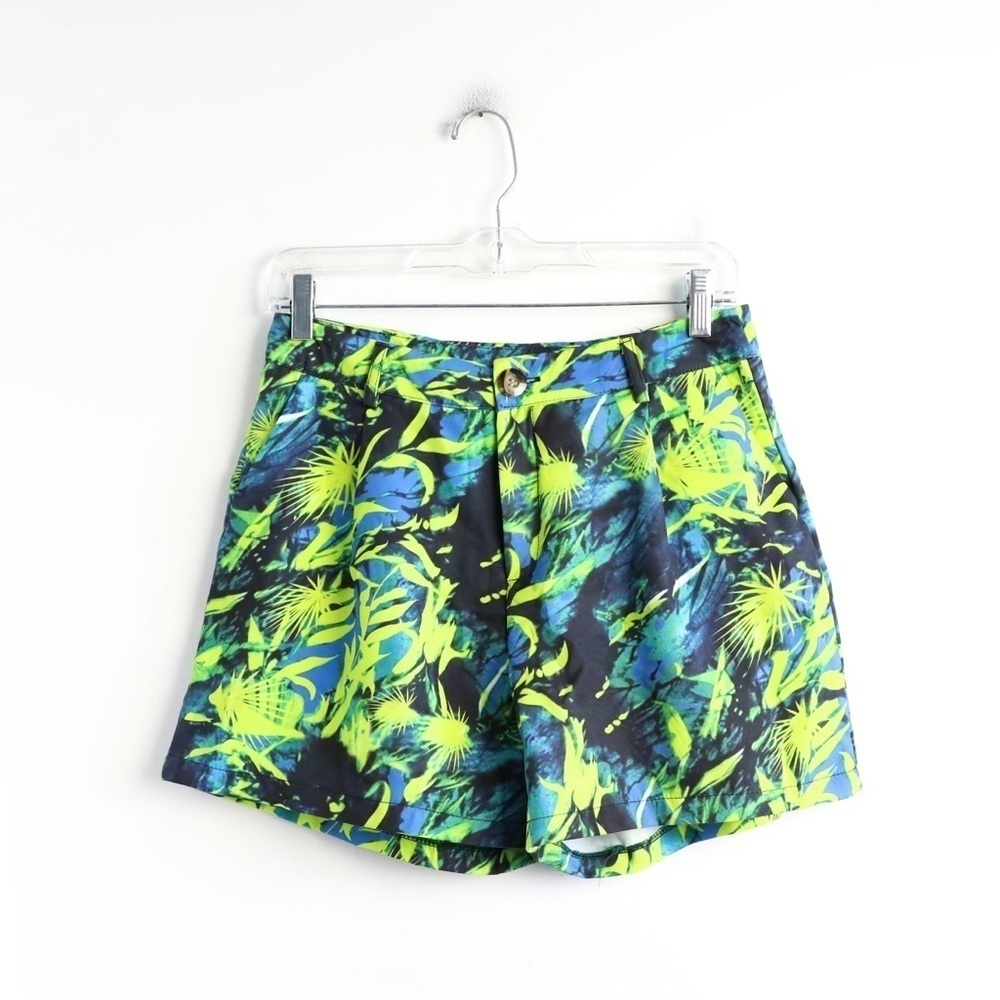 Tropical print shorts resortwear palms abstract blue yellow neon beach S M NWOT